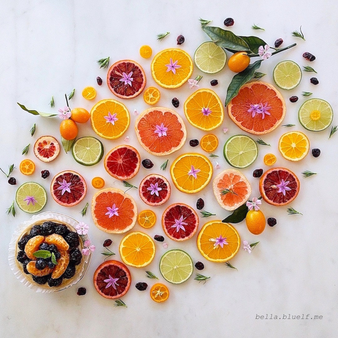 Dessert with lots of citrus flat lay