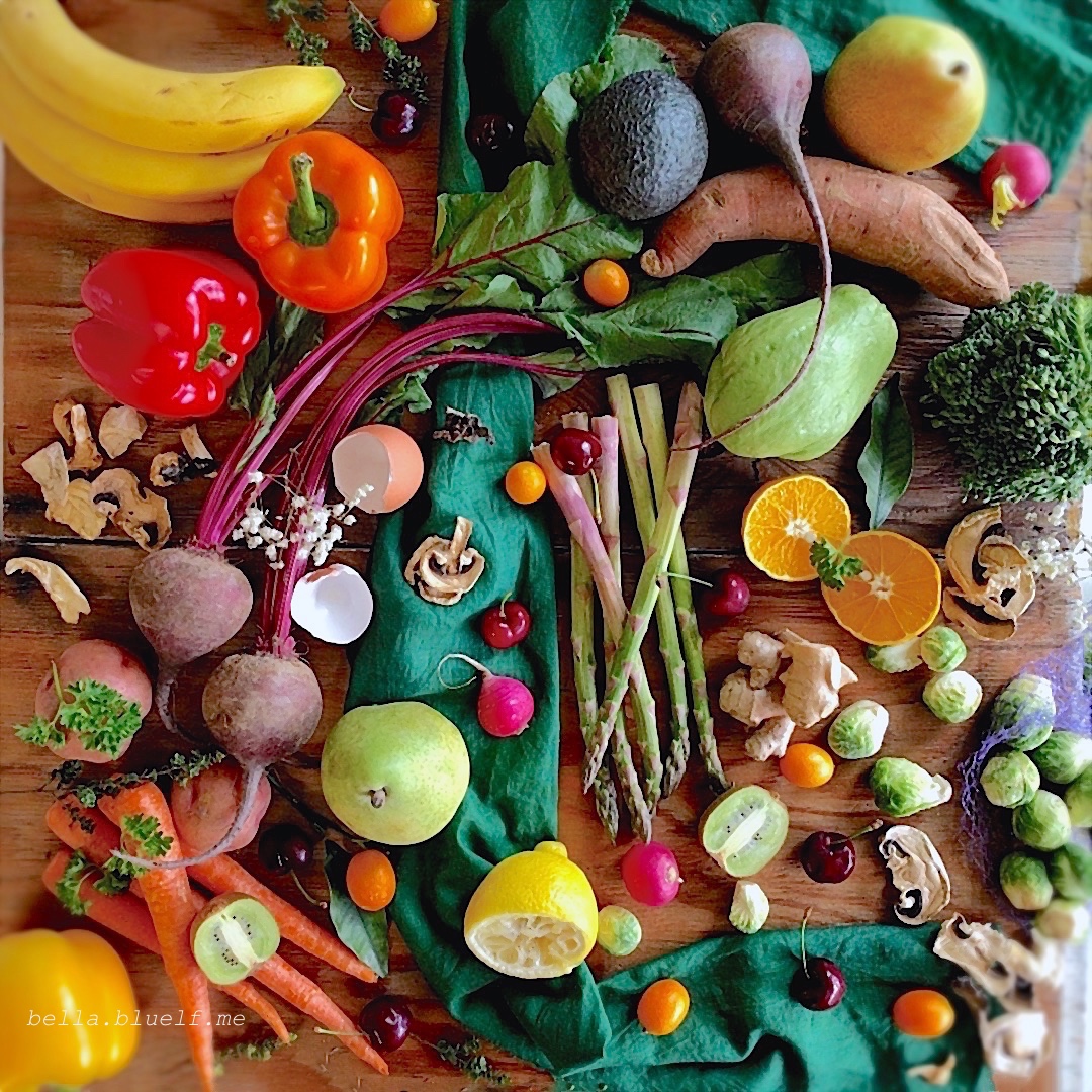 fruits and vegetables flat lay in prep for cooking